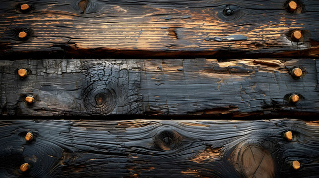 Dark stained reclaimed wood surface with aged burnt boards lined up. Charred wooden floor planks with grain and texture. Generative AI.