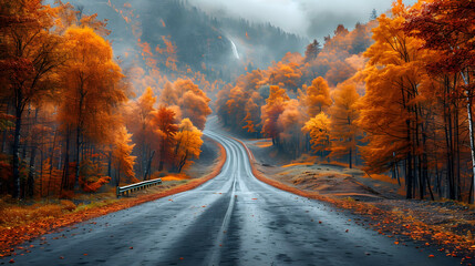Autumn road trip. Highway in beautiful autumn landscape