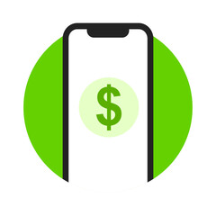 Dollar sign. Mobile phone screen with Dollar icon on it in green colour. Salary, bills, payment, money, in dollars icon. 
