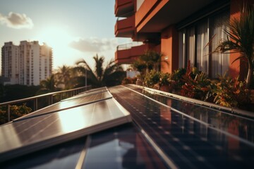 Sunset view of solar energy panels installed on hotel balconies surrounded by lush palm trees
