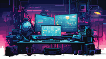 Cyberpunk hackers den with high-tech gadgets and vi - obrazy, fototapety, plakaty