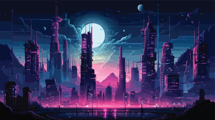 Cyberpunk metropolis with towering skyscrapers and - obrazy, fototapety, plakaty