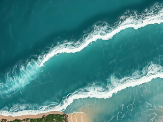 Obraz premium Ocean waves. Azure sea surface with a strip of sandy beach. Water background. Top view