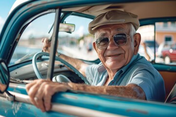 Obraz premium old man driving a vintage car