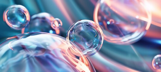 Multi-colored soap bubbles are in space, sunlights, effect of levitation, 3d rendering digital background - obrazy, fototapety, plakaty