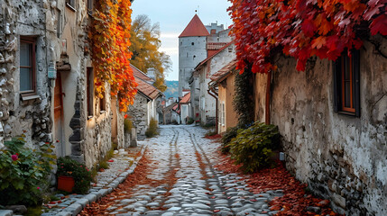 Ancient Forest Street with Old Houses - obrazy, fototapety, plakaty
