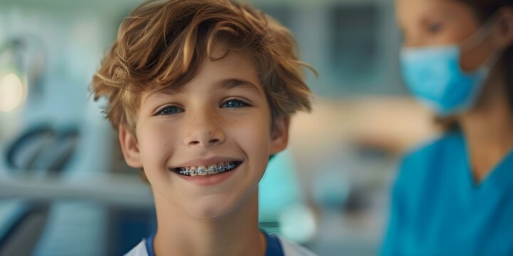 A young boy with braces on his teeth receiving orthodontic treatment . Concept Orthodontic Treatment, Pediatric Dentistry, Braces for Kids, Oral Health, Smiling with Confidence