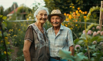 couple of old people in the garden - obrazy, fototapety, plakaty