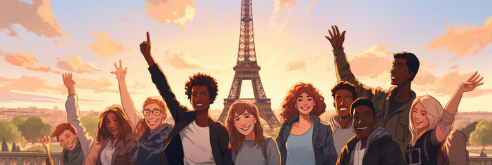 girls with friends stand in front of the eiffel tower. banner - obrazy, fototapety, plakaty