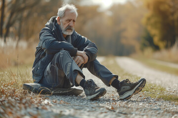 A ragged senior man, feeling fatigued and uncomfortable, pauses for a break at the roadside during his regular exercise regimen