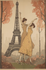 two women are cheering in front of the eiffel tower, in the style of lively group compositions