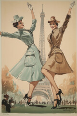 two women are cheering in front of the eiffel tower, in the style of lively group compositions