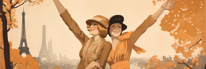 two women are cheering in front of the eiffel tower, in the style of lively group compositions. banner