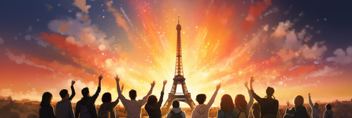girls with friends stand in front of the eiffel tower. banner - obrazy, fototapety, plakaty