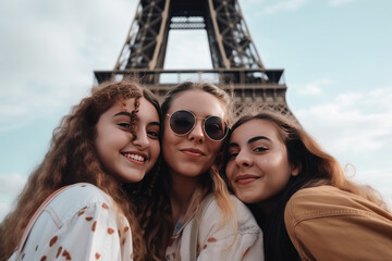 girls with friends stand in front of the eiffel tower.