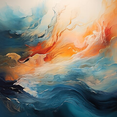 A painting of a blue ocean with orange and red splashes of color