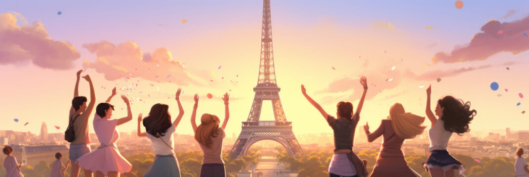 girls with friends stand in front of the eiffel tower. banner
