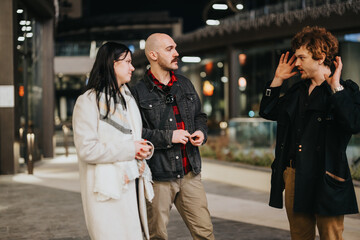 Three business professionals engaged in a discussion outside a modern building in the evening