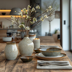 A comfortable dining table with simple flowers and neat tableware
