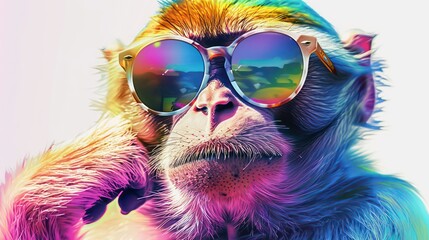 Cartoon colorful monkey with sunglasses on white background - obrazy, fototapety, plakaty