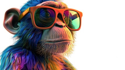 Cartoon colorful monkey with sunglasses on white background - obrazy, fototapety, plakaty