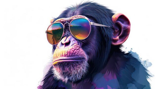 Cartoon colorful monkey with sunglasses on white background