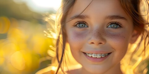 Fototapeta premium A cheerful child wearing dental braces smiles brightly in a closeup shot . Concept Dental Braces, Child Portraits, Close-Up Shot, Cheerful Smile, Bright Expression