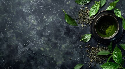 green tea large leaf freshly brewed.(aromatic drink) menu concept background. top view. copy space for text