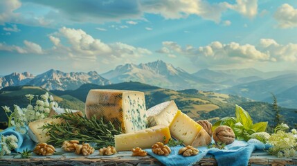 Variety of cheeses on a wooden board. - obrazy, fototapety, plakaty