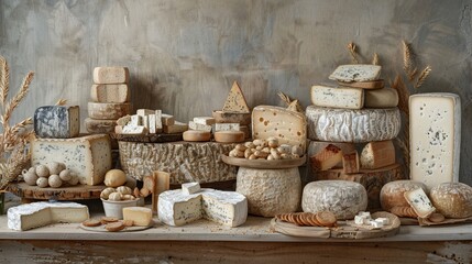 Variety of cheeses on a wooden board.