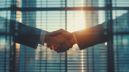 A high-angle shot capturing the essence of a handshake against a modern office background, emphasizing the trust and commitment in business relationships.