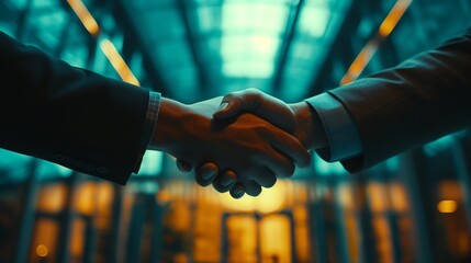 A high-angle shot capturing the essence of a handshake against a modern office background, emphasizing the trust and commitment in business relationships. - obrazy, fototapety, plakaty