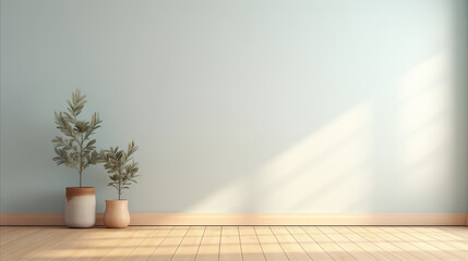 Painted empty mint green wall with copy space for text, interior scene featuring spacious room with wooden floor and two potted plants, natural lighting create gentle shadows and peaceful atmosphere