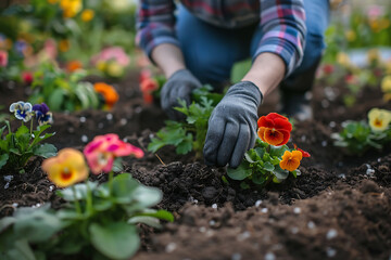 Woman Working in Garden With Flowers