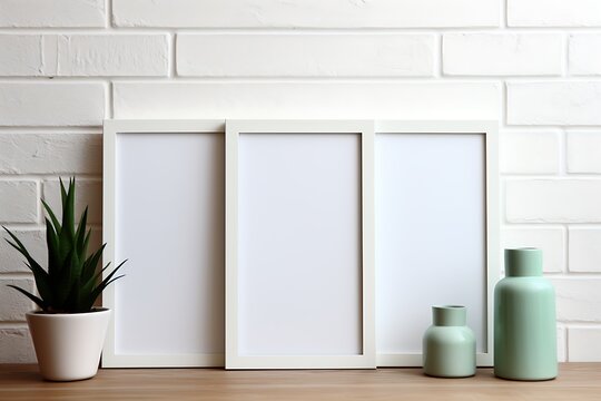 Blank photo frames on table near brick wall. Mockup for design