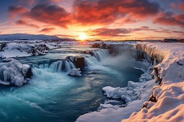 Icelandic winter landscape. Dramatic sunset over Gullfoss waterfall. - obrazy, fototapety, plakaty