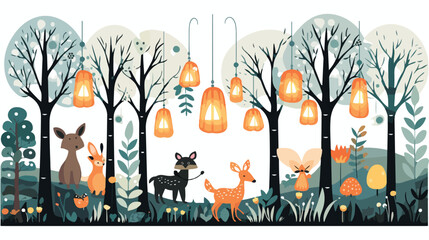 Enchanted forest with whimsical creatures and fairy