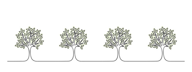 horizontal garden tree set, wall decoration pattern, black line vector illustration, hand drawn simple decorative element,