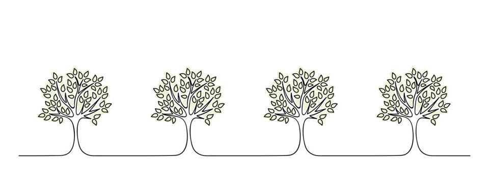 horizontal garden tree set, wall decoration pattern, black line vector illustration, hand drawn simple decorative element,