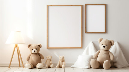 A natural materials & textures interior of children room with mock up wooden frame on beige wall,...