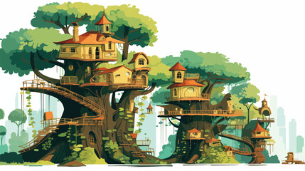 Enchanted treehouse village in a lush forest canopy - obrazy, fototapety, plakaty