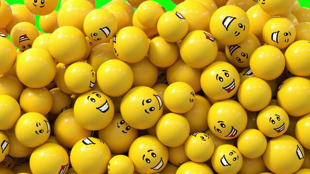 des boules jaunes avec des sourires descendent puis tombent pour cr&eacute;er un effet de transition vid&eacute;o amusant - fond vert - 4k