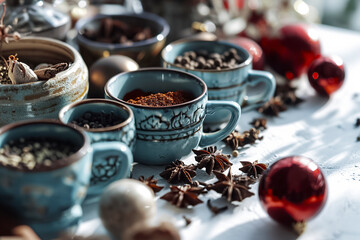 various spices in decorative bowls with Christmas ornaments, creating a festive, aromatic atmosphere