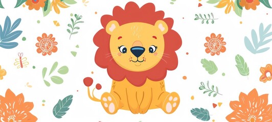 Obraz premium cute little lion, cartoon pattern for children's clothes, decorative elements scattered around the lion