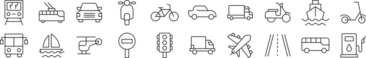 Set of line icons of transport. Editable stroke. Simple outline sign for web sites, newspapers, articles book
