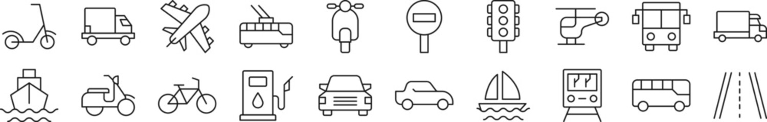 Collection of outline symbol of transport. Editable stroke. Simple linear illustration for stores, shops, banners, design