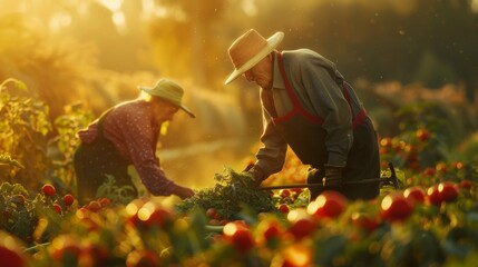 Farmer working worker harvesting at sunset