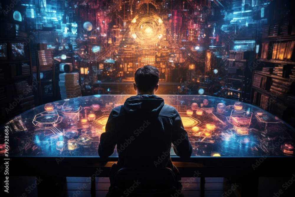 Poster person working at computer table generative ai