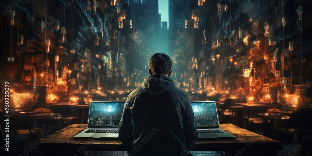 Poster man working at desk with laptop computer generative ai