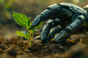 A robot hand plants a green sprout in the ground, the interplay of technology and nature